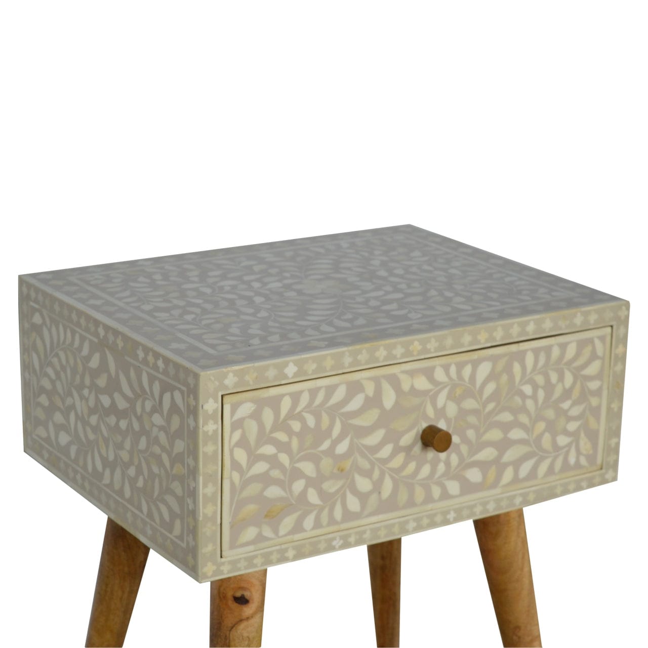 Floral Bone Inlay Nightstand - Solid Mango Wood Bedside Table for Bedroom - product view 4 showing handcrafted solid...