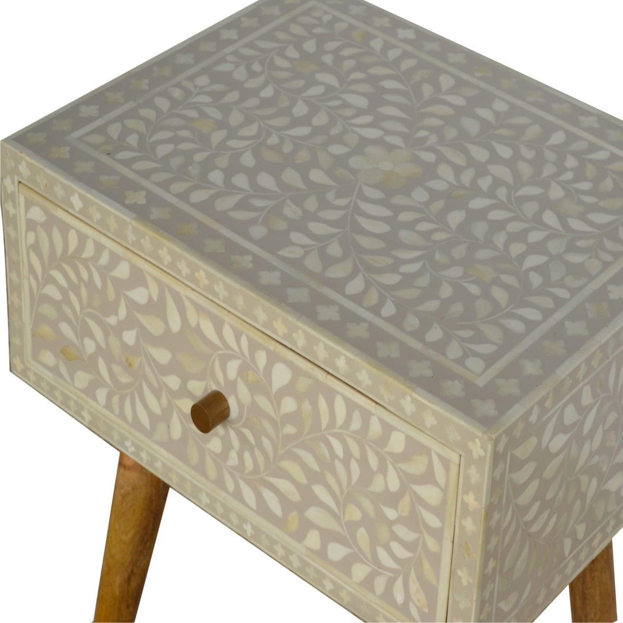 Floral Bone Inlay Nightstand - Solid Mango Wood Bedside Table for Bedroom - product view 3 showing handcrafted solid...