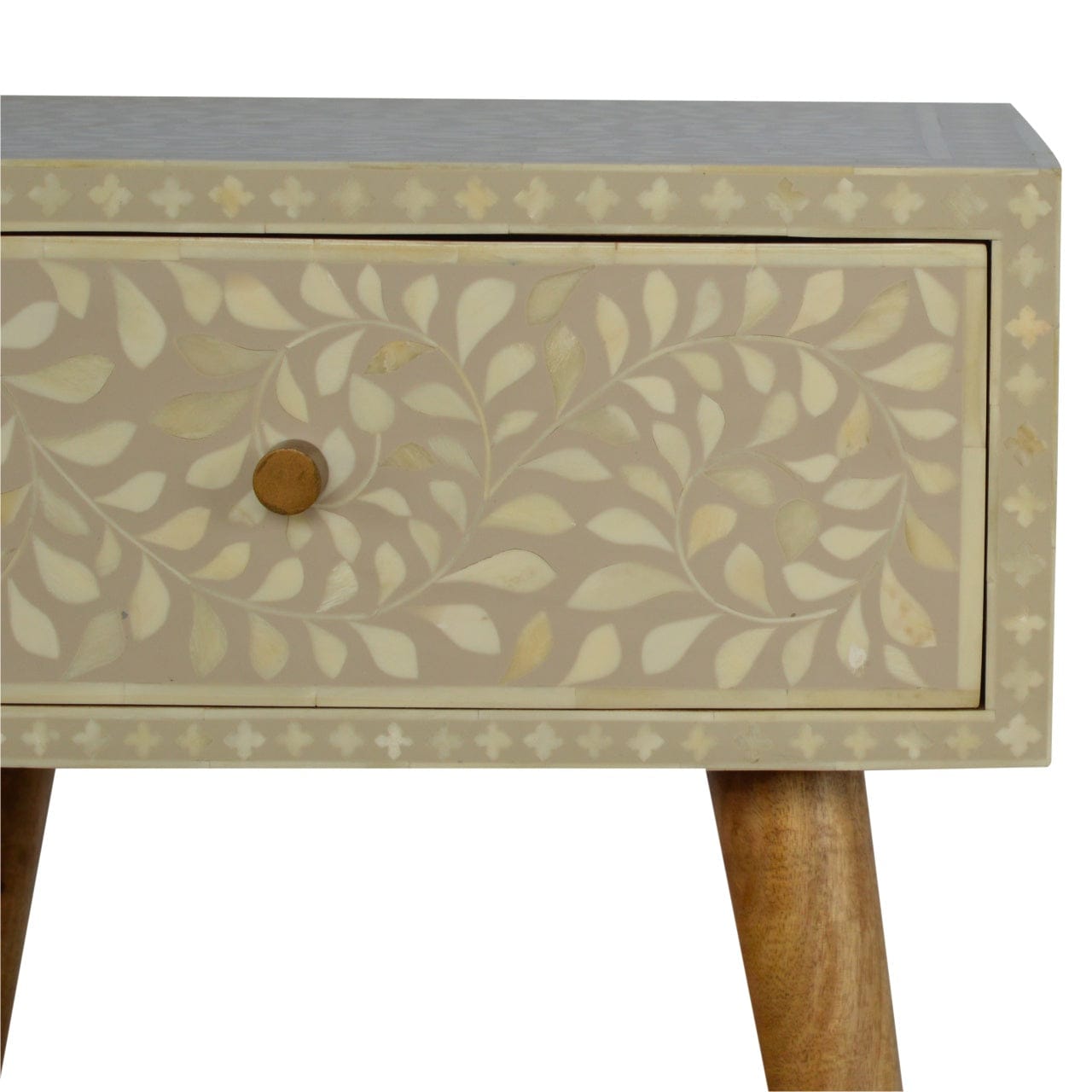 Floral Bone Inlay Nightstand - Solid Mango Wood Bedside Table for Bedroom - product view 2 showing handcrafted solid...