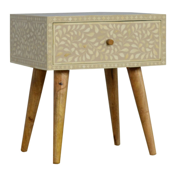 Floral Bone Inlay Nightstand - Solid Mango Wood Bedside Table for Bedroom - main view showing handcrafted solid mango...