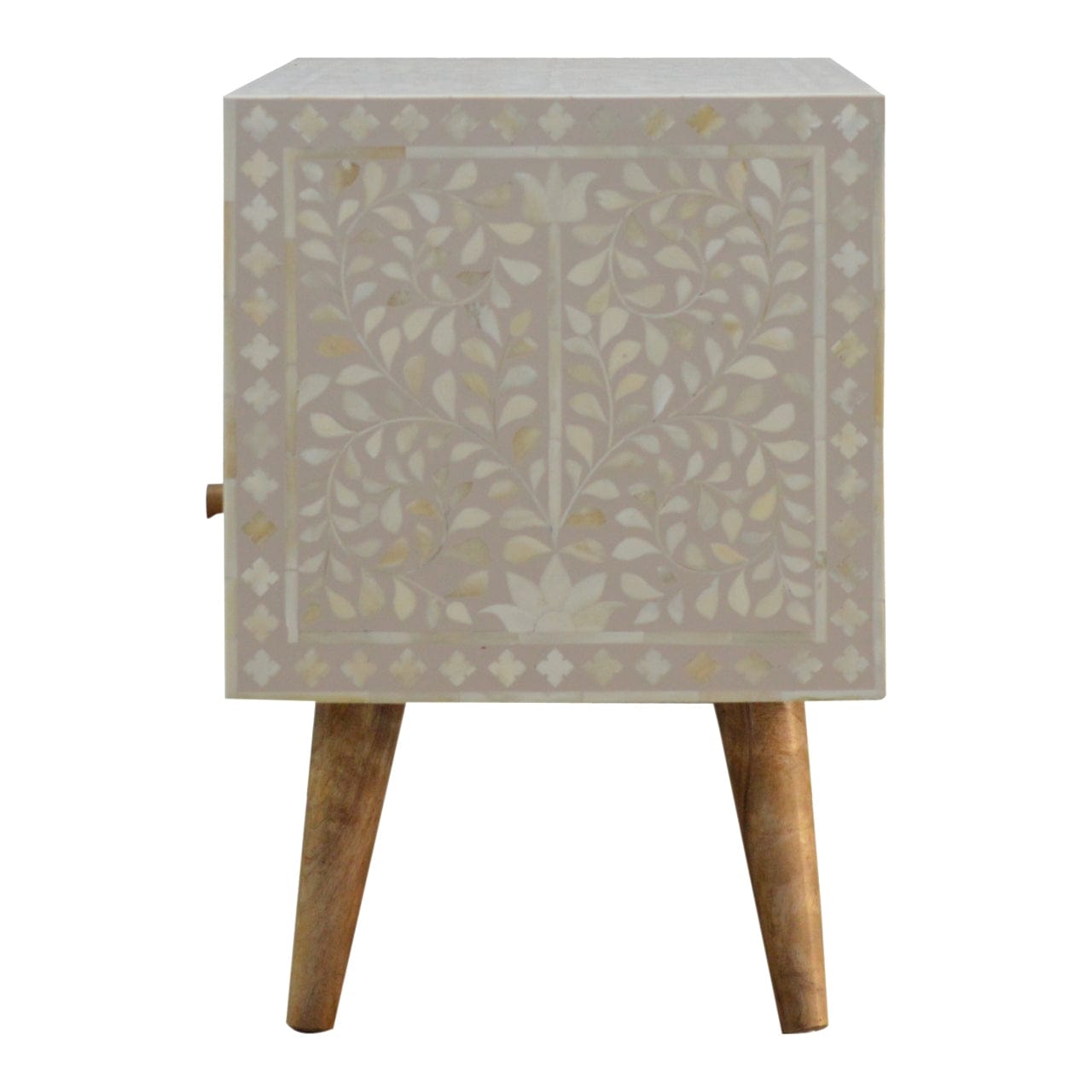 Floral Bone Inlay TV Stand - Solid Mango Wood Entertainment Center for Living Room - product view 7 showing handcrafted...