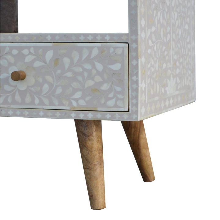 Floral Bone Inlay TV Stand - Solid Mango Wood Entertainment Center for Living Room - product view 6 showing handcrafted...