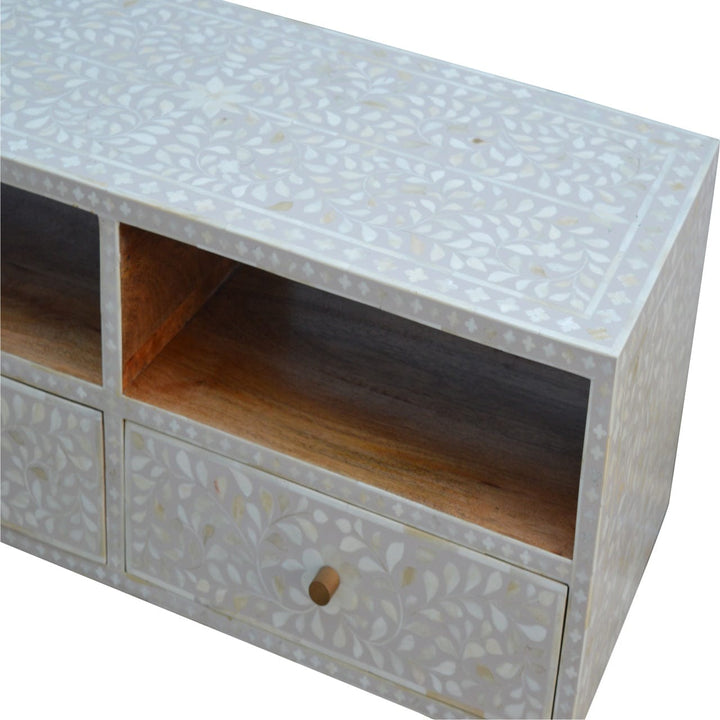 Floral Bone Inlay TV Stand - Solid Mango Wood Entertainment Center for Living Room - product view 5 showing handcrafted...