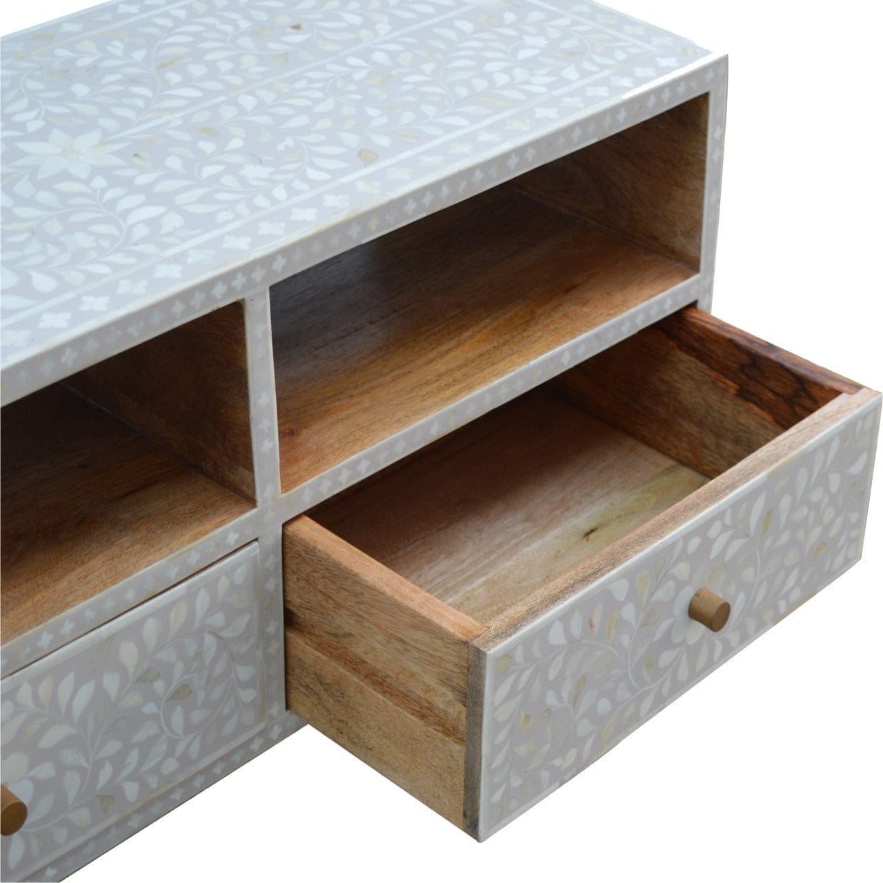 Floral Bone Inlay TV Stand - Solid Mango Wood Entertainment Center for Living Room - product view 4 showing handcrafted...