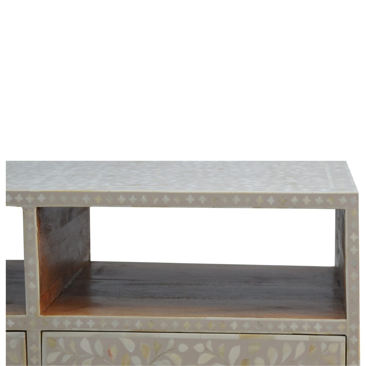 Floral Bone Inlay TV Stand - Solid Mango Wood Entertainment Center for Living Room - product view 3 showing handcrafted...