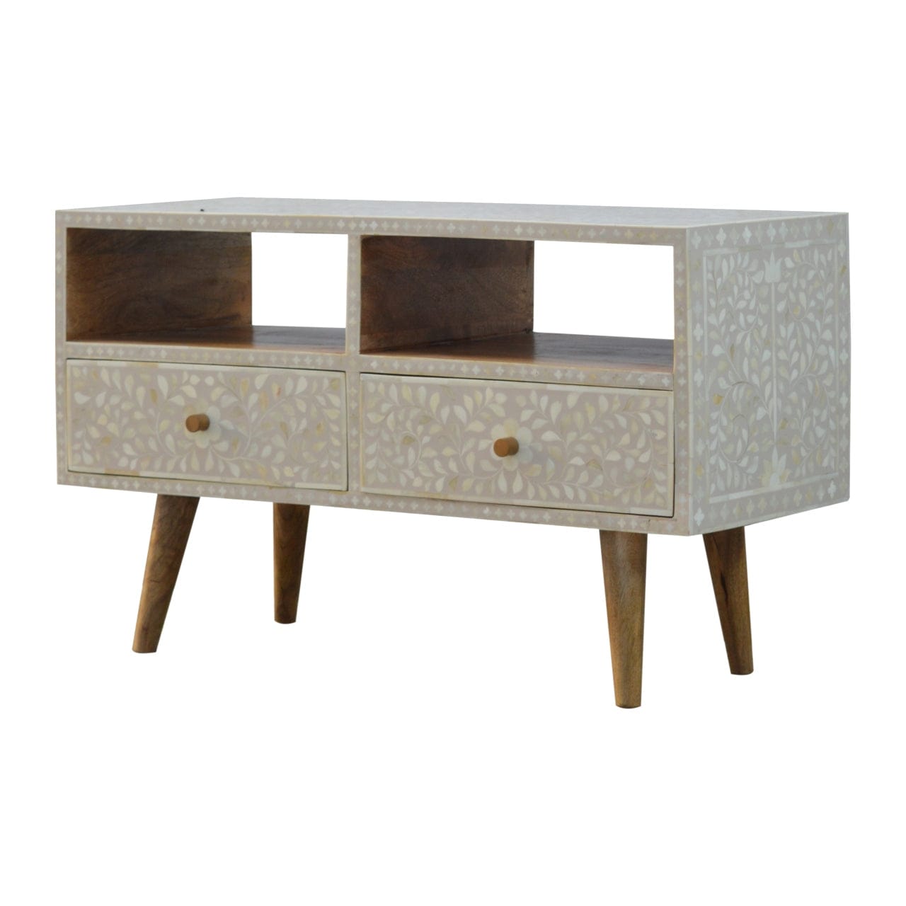 Floral Bone Inlay TV Stand - Solid Mango Wood Entertainment Center for Living Room - product view 2 showing handcrafted...