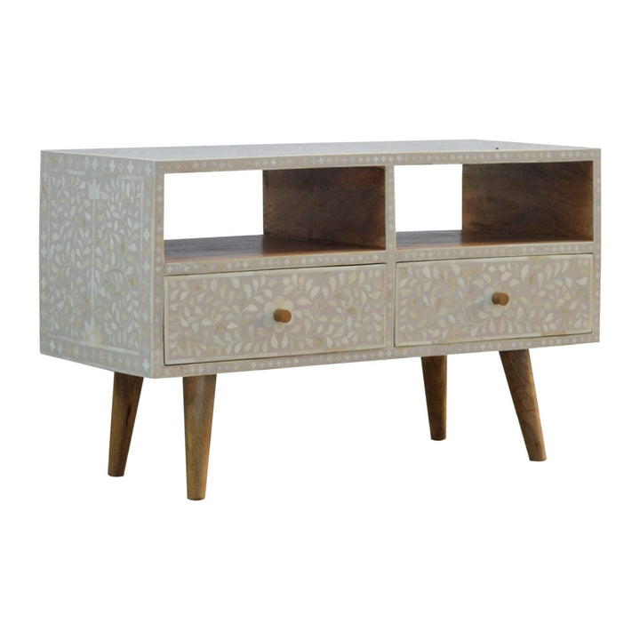 Floral Bone Inlay TV Stand - Solid Mango Wood Entertainment Center for Living Room - main view showing handcrafted solid...