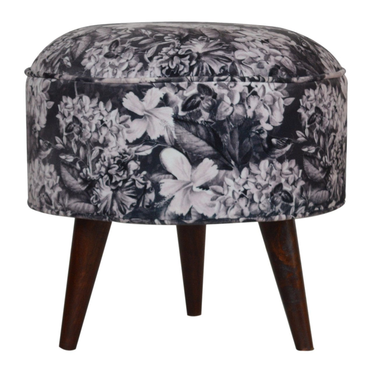 Floral Print Footstool - Solid Mango Wood Accent Stool for Living Room - product view 6 showing handcrafted solid mango...
