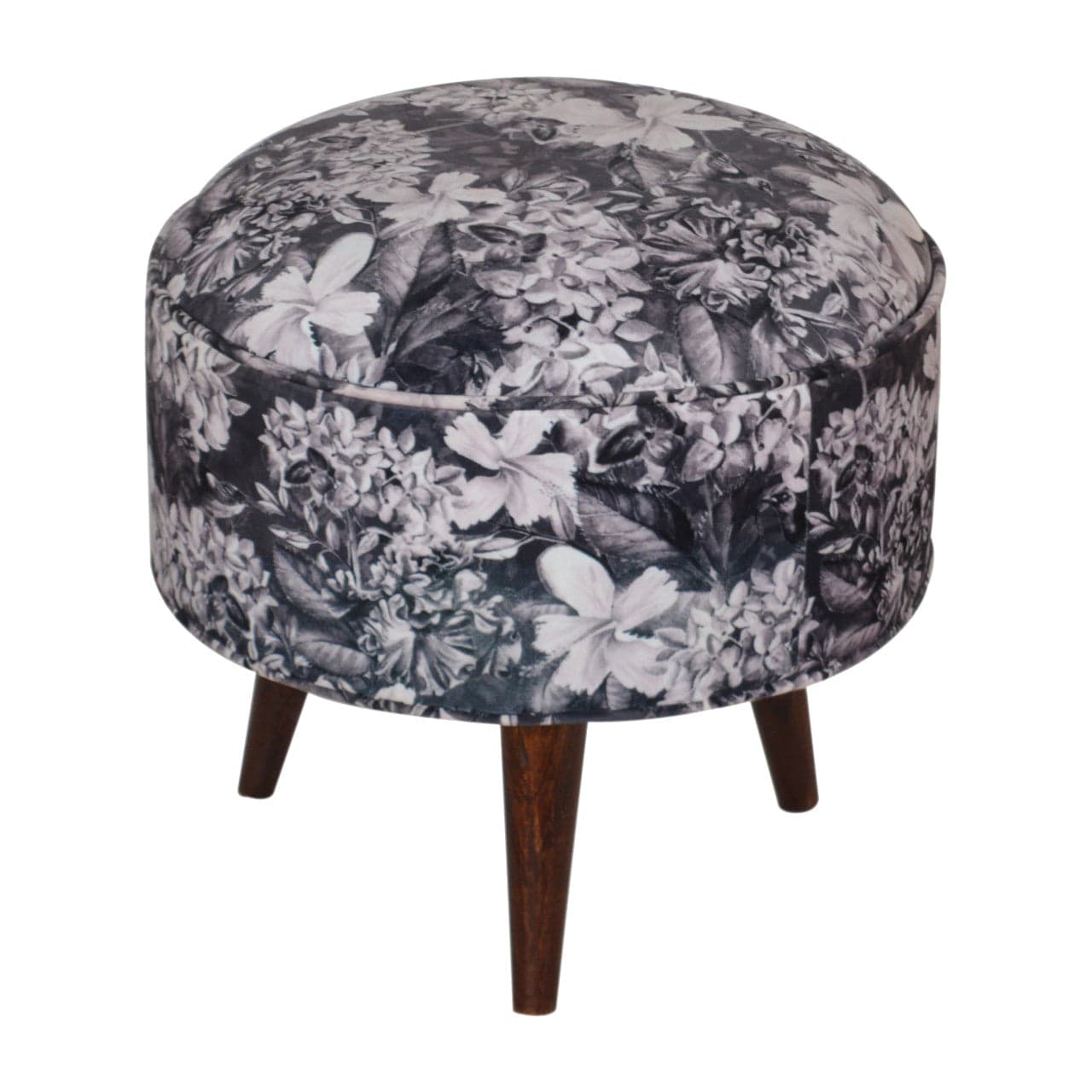 Floral Print Footstool - Solid Mango Wood Accent Stool for Living Room - main view showing handcrafted solid mango wood stool