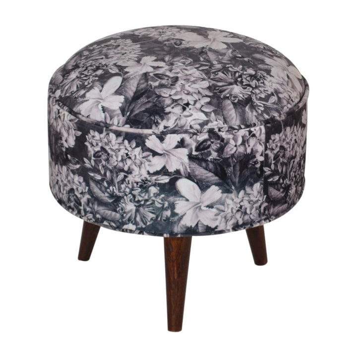 Floral Print Footstool - Solid Mango Wood Accent Stool for Living Room - main view showing handcrafted solid mango wood stool