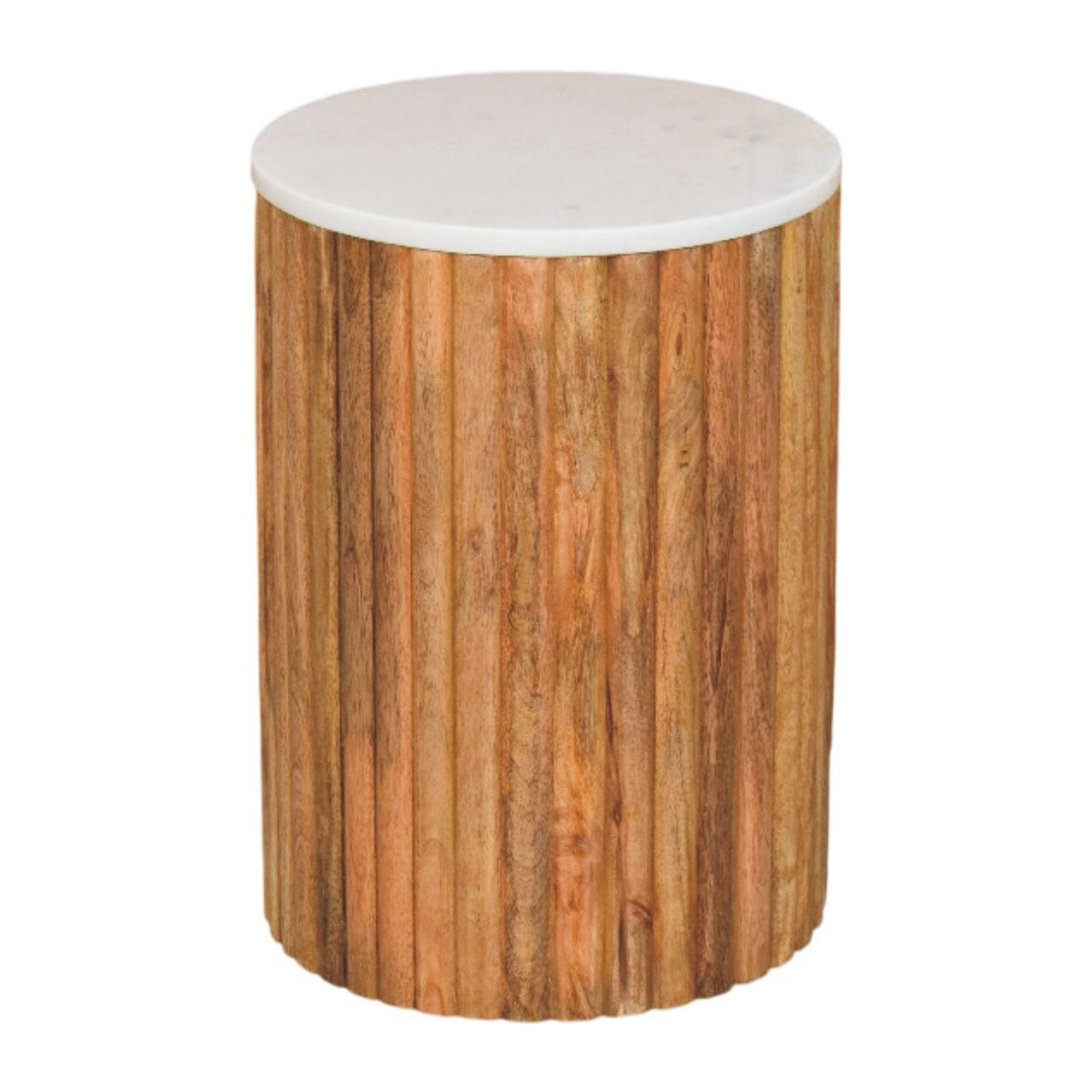 Fluted Marble End Table - Solid Mango Wood Side Table for Living Room - product view 2 showing handcrafted solid mango...
