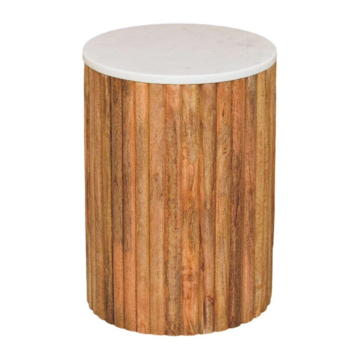 Fluted Marble End Table - Solid Mango Wood Side Table for Living Room - product view 2 showing handcrafted solid mango...