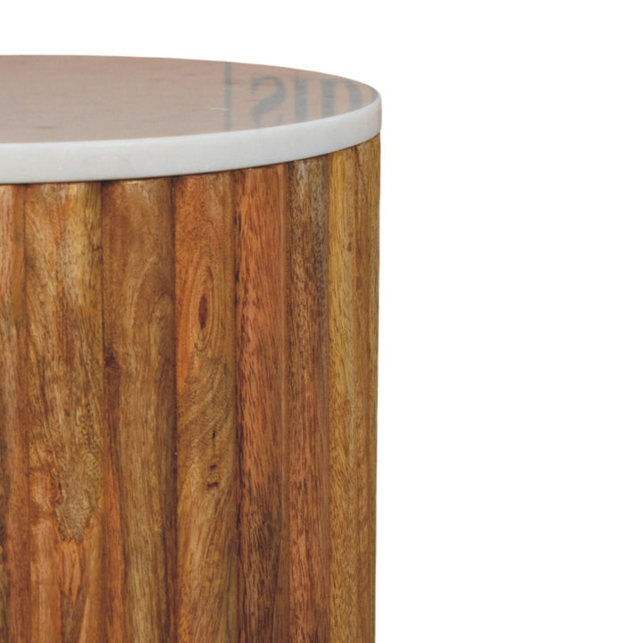 Fluted Marble End Table - Solid Mango Wood Side Table for Living Room - product view 3 showing handcrafted solid mango...