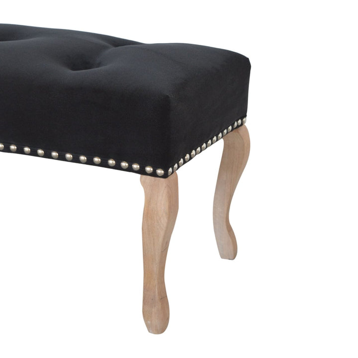 French Style Black Velvet Bench - Solid Mango Wood Seating Furniture for Entryway - product view 6 showing handcrafted...