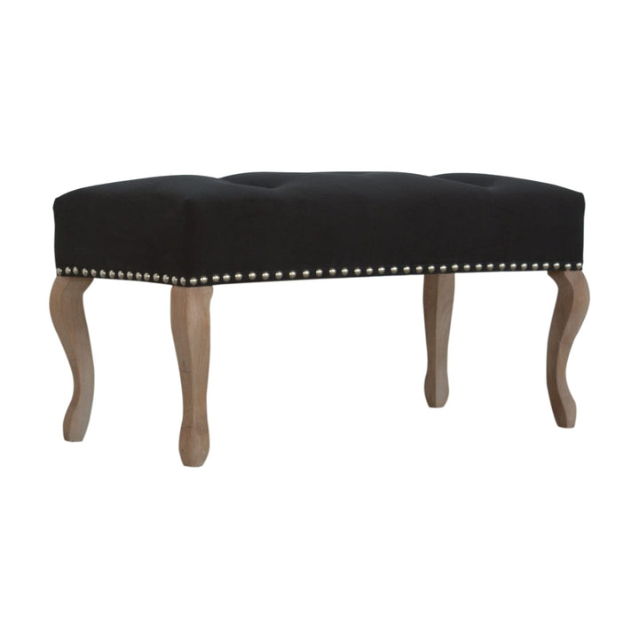 French Style Black Velvet Bench - Solid Mango Wood Seating Furniture for Entryway - product view 3 showing handcrafted...