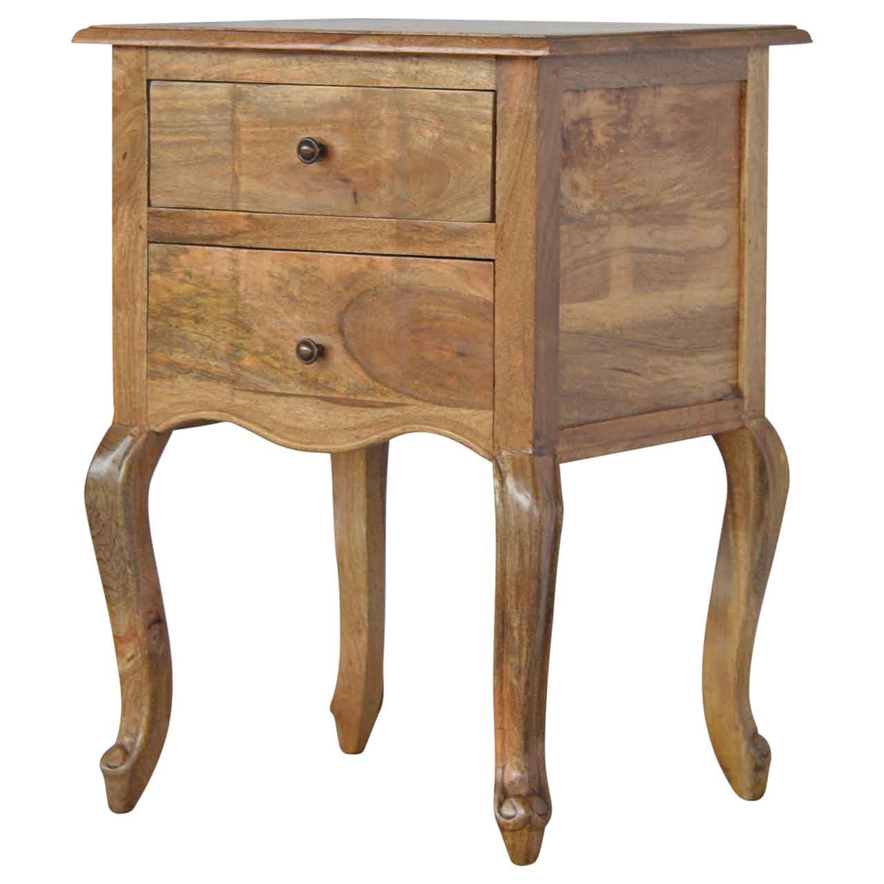 French Style Nightstand - Solid Mango Wood Bedside Table for Bedroom - product view 2 showing handcrafted solid mango...