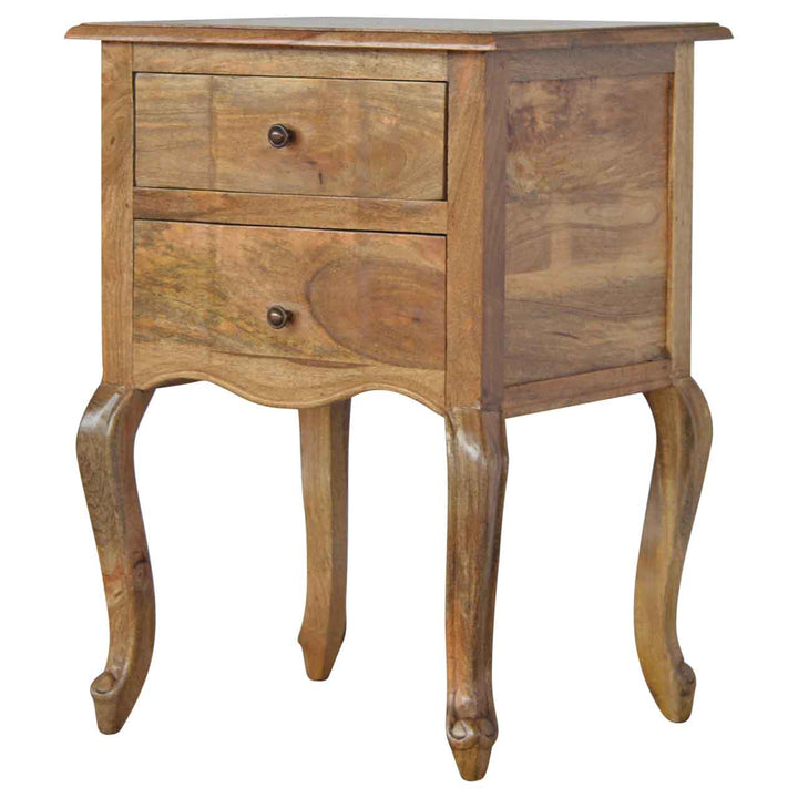 French Style Nightstand - Solid Mango Wood Bedside Table for Bedroom - product view 2 showing handcrafted solid mango...