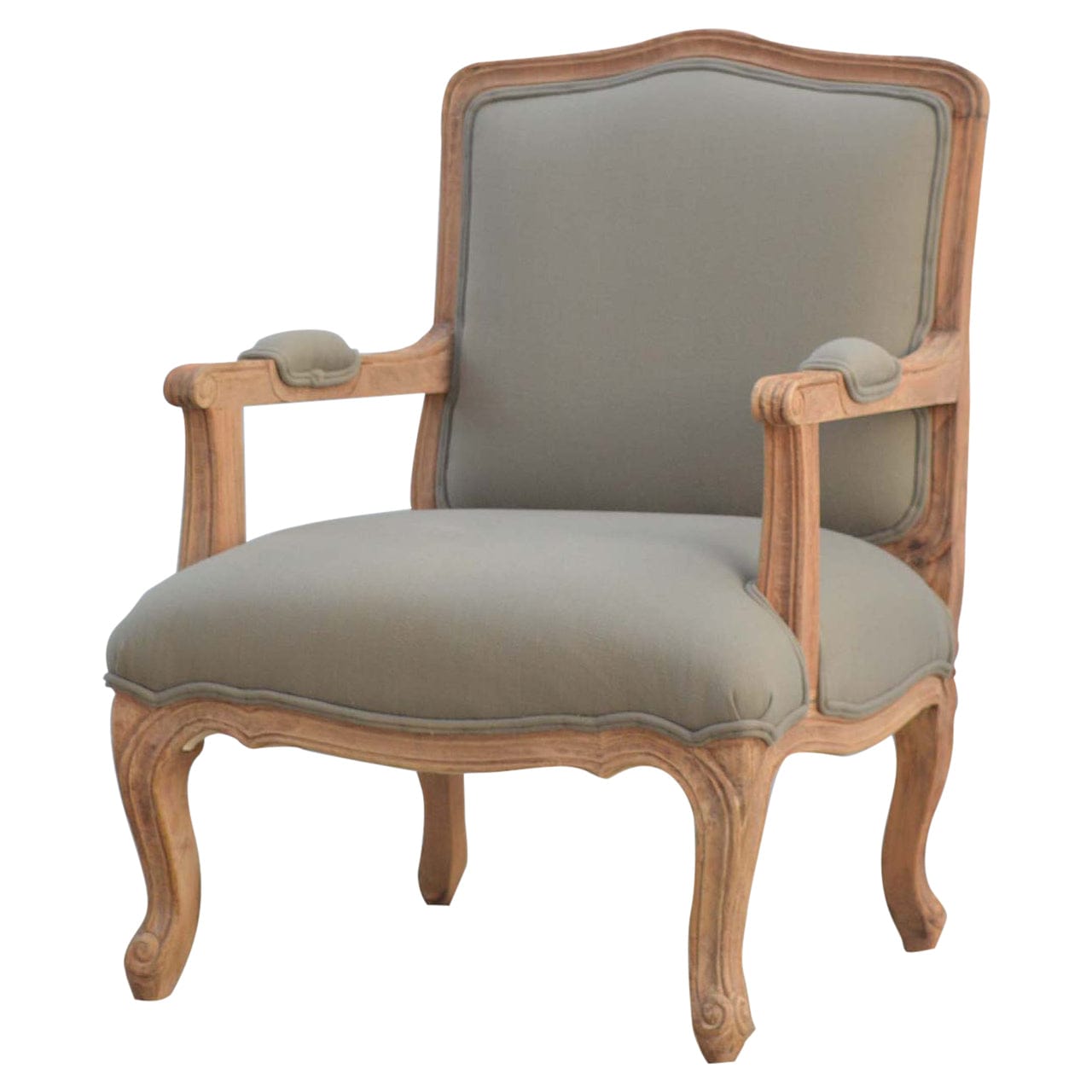 French Style Upholstered Armchair - Solid Mango Wood Accent Chair for Living Room - product view 2 showing handcrafted...
