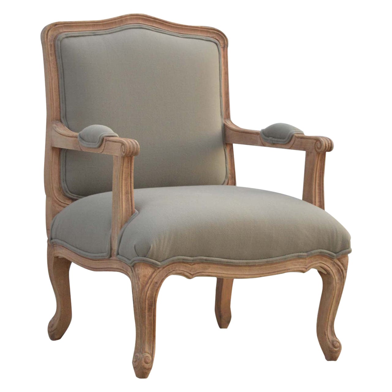 French Style Upholstered Armchair - Solid Mango Wood Accent Chair for Living Room - main view showing handcrafted solid...