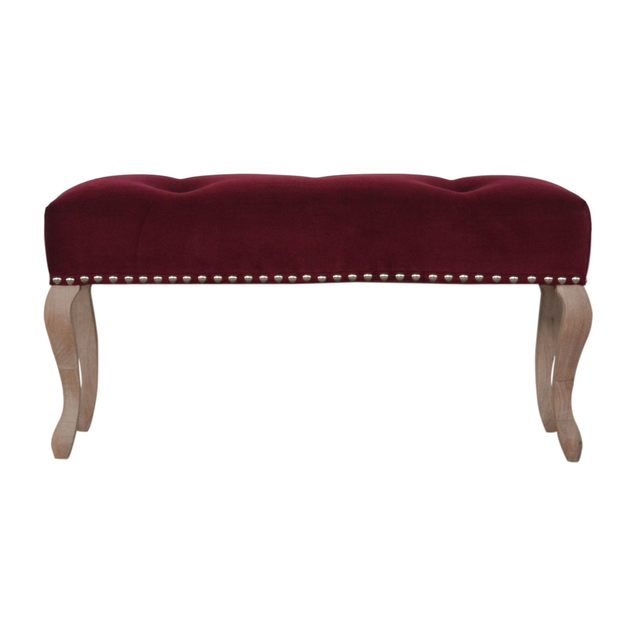 French Style Wine Red Bench - Solid Mango Wood Seating Furniture for Entryway - main view showing handcrafted solid mango...