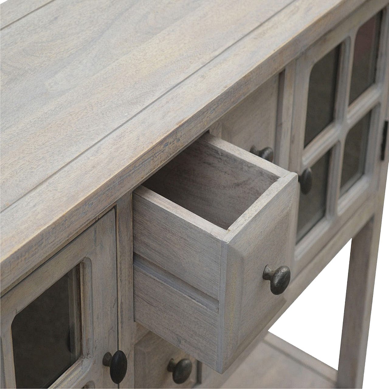 Functional 2 Door 4 Drawer Glazed Console - Entryway & Hallway Table in Solid Mango Wood - product view 4 showing...