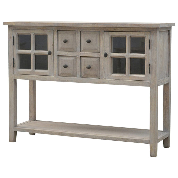 Functional 2 Door 4 Drawer Glazed Console - Entryway & Hallway Table in Solid Mango Wood - product view 2 showing...