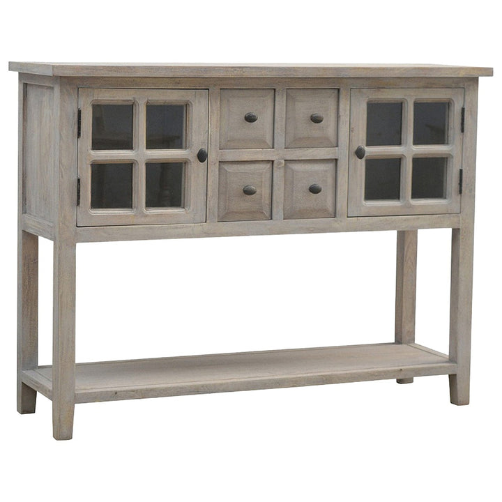 Functional 2 Door 4 Drawer Glazed Console - Entryway & Hallway Table in Solid Mango Wood - main view showing handcrafted...
