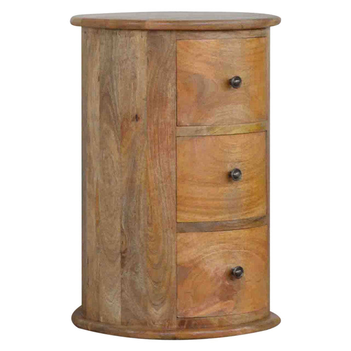 Functional 3 Drawer Drum Table - Solid Mango Wood End Tble - product view 3 showing handcrafted solid mango wood furniture