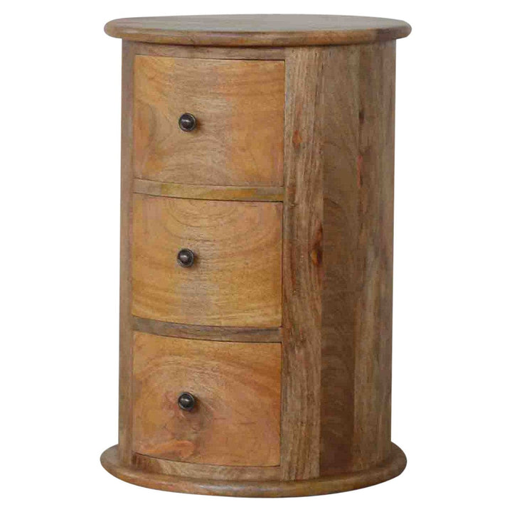Functional 3 Drawer Drum Table - Solid Mango Wood End Tble - product view 2 showing handcrafted solid mango wood furniture