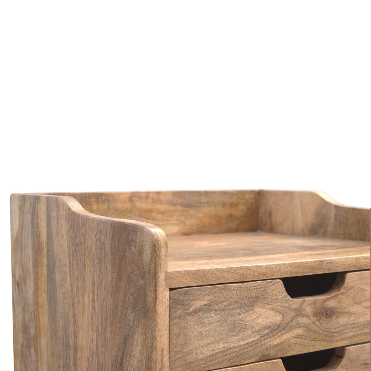 Functional 3 Drawer Gallery Nightstand - Solid Mango Wood Bedside Table for Bedroom - product view 4 showing handcrafted...