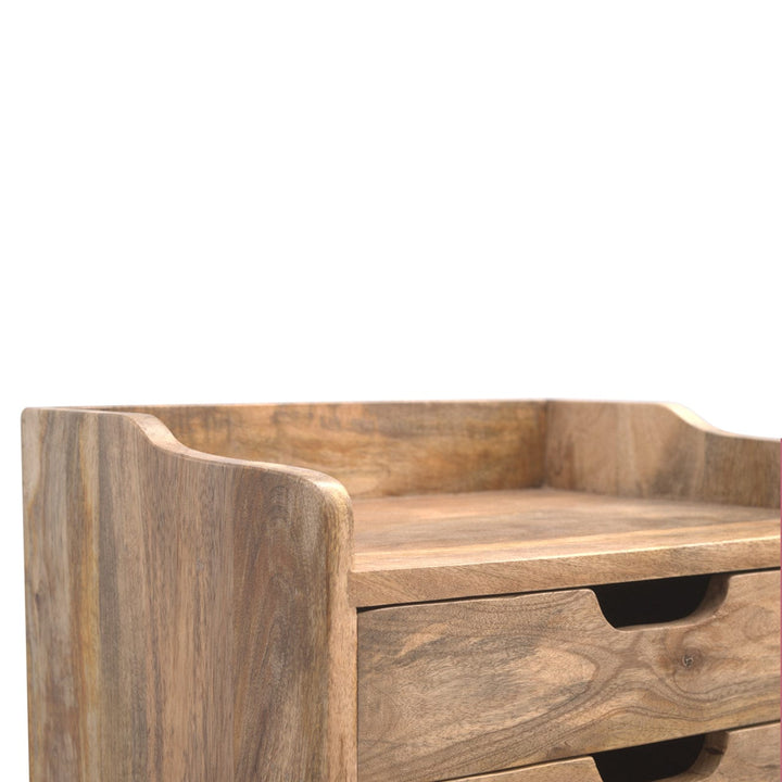 Functional 3 Drawer Gallery Nightstand - Solid Mango Wood Bedside Table for Bedroom - product view 4 showing handcrafted...