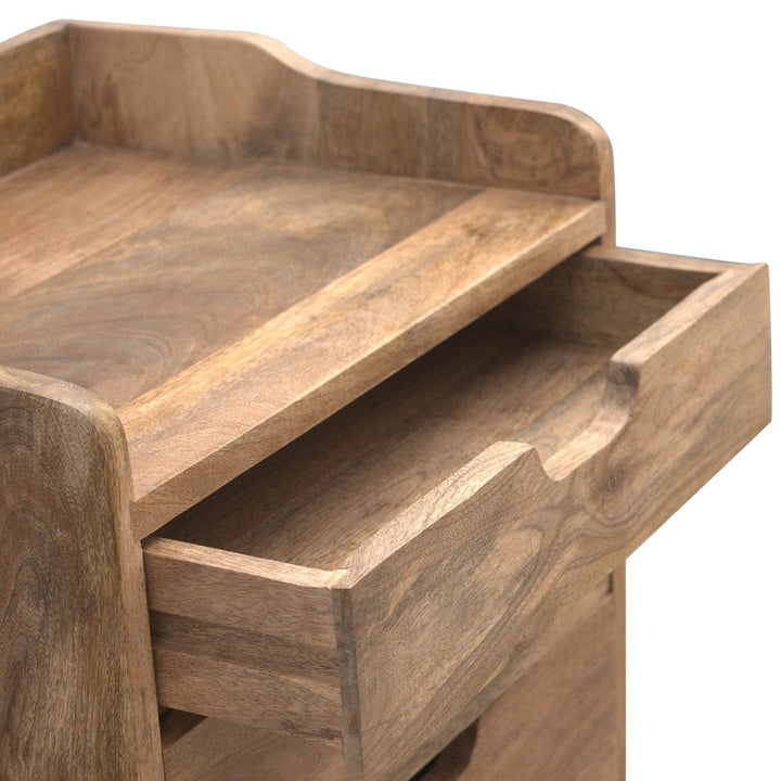 Functional 3 Drawer Gallery Nightstand - Solid Mango Wood Bedside Table for Bedroom - product view 3 showing handcrafted...