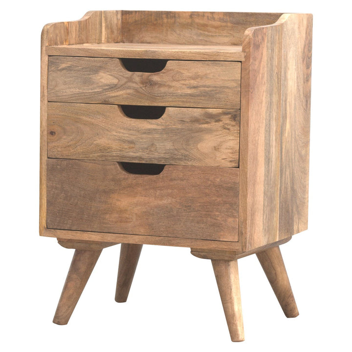Functional 3 Drawer Gallery Nightstand - Solid Mango Wood Bedside Table for Bedroom - product view 2 showing handcrafted...