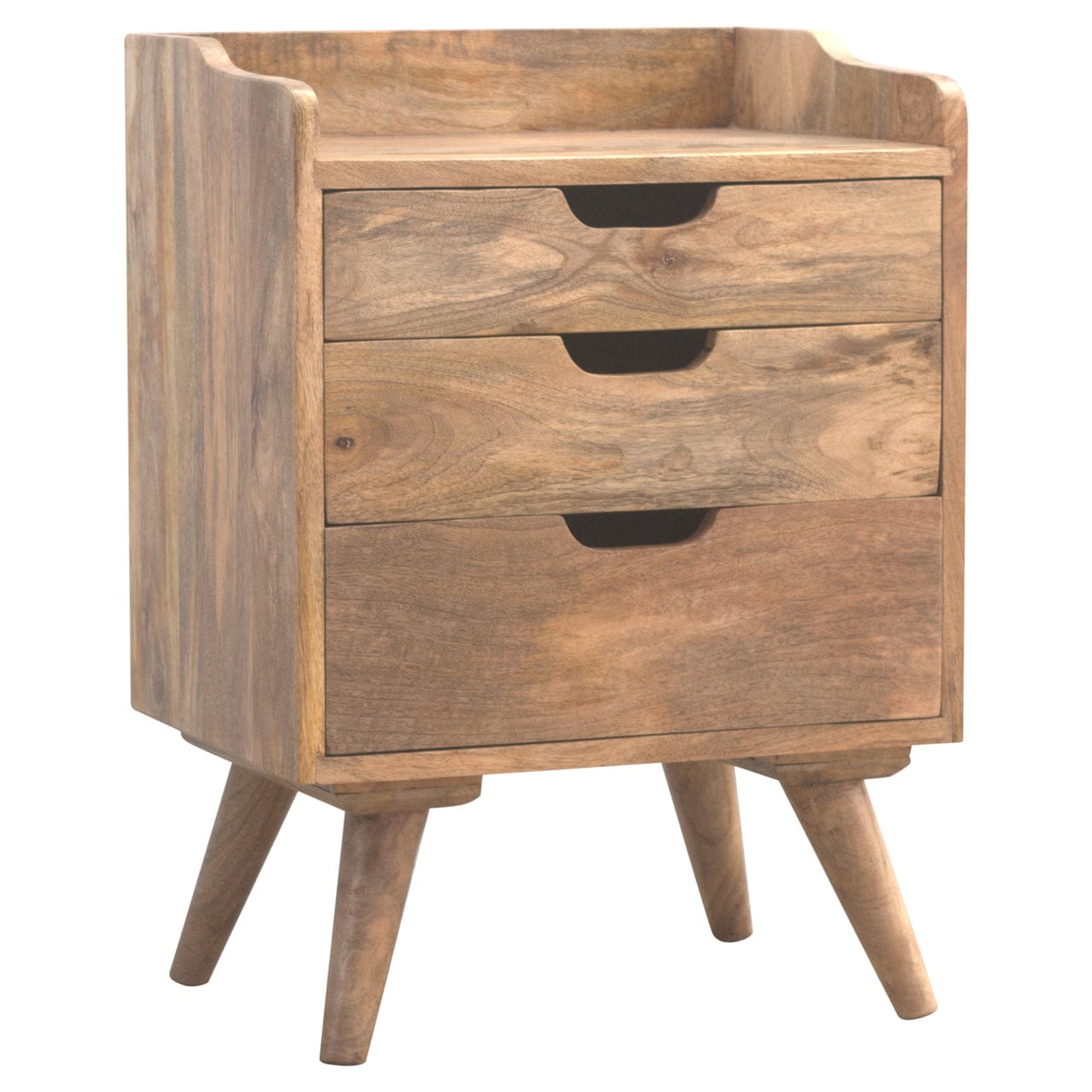 Functional 3 Drawer Gallery Nightstand - Solid Mango Wood Bedside Table for Bedroom - main view showing handcrafted solid...