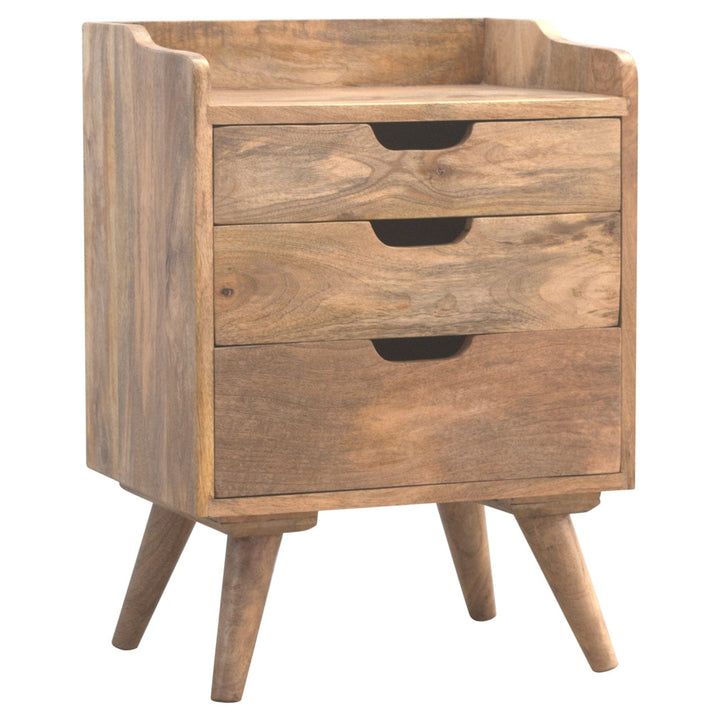 Functional 3 Drawer Gallery Nightstand - Solid Mango Wood Bedside Table for Bedroom - main view showing handcrafted solid...
