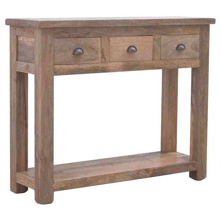 Functional 3 Drawer Hallway Console in Solid Mango Wood - product view 2 showing handcrafted solid mango wood furniture