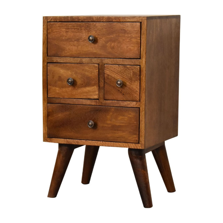 Functional 4 Drawer Multi Chestnut Nightstand - Solid Mango Wood Bedside Table for Bedroom - product view 3 showing...