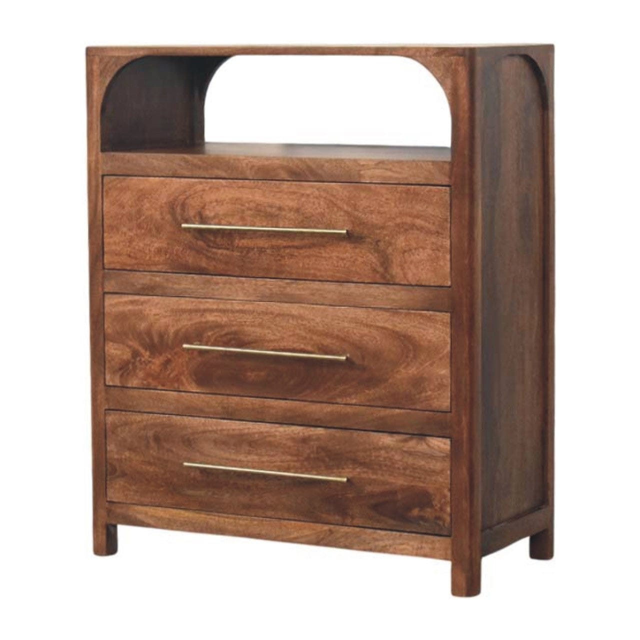 Functional Arc-Line 3 Drawer Dresser - Solid Mango Wood Storage Chest for Bedroom - product view 2 showing handcrafted...