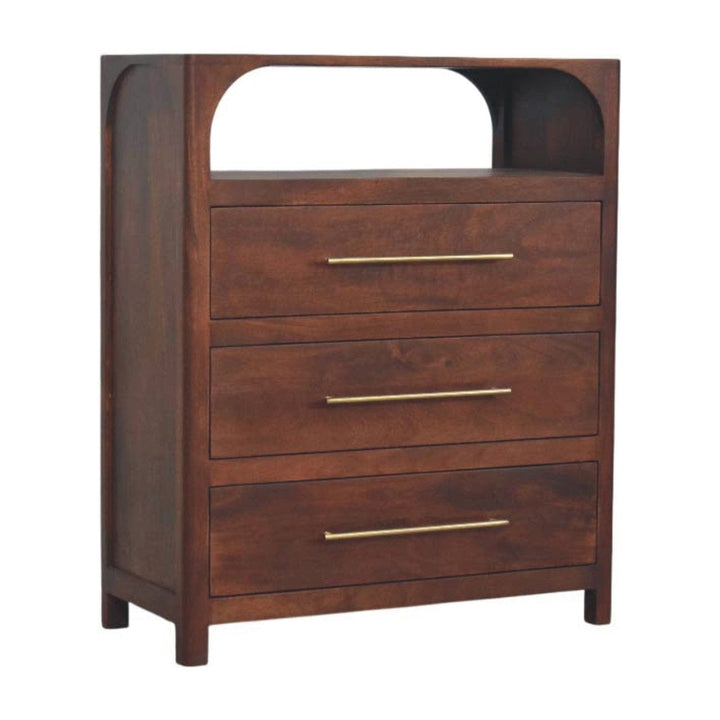 Functional Arched Edge 3 Drawer Dresser - Solid Mango Wood Storage Chest for Bedroom - product view 3 showing handcrafted...