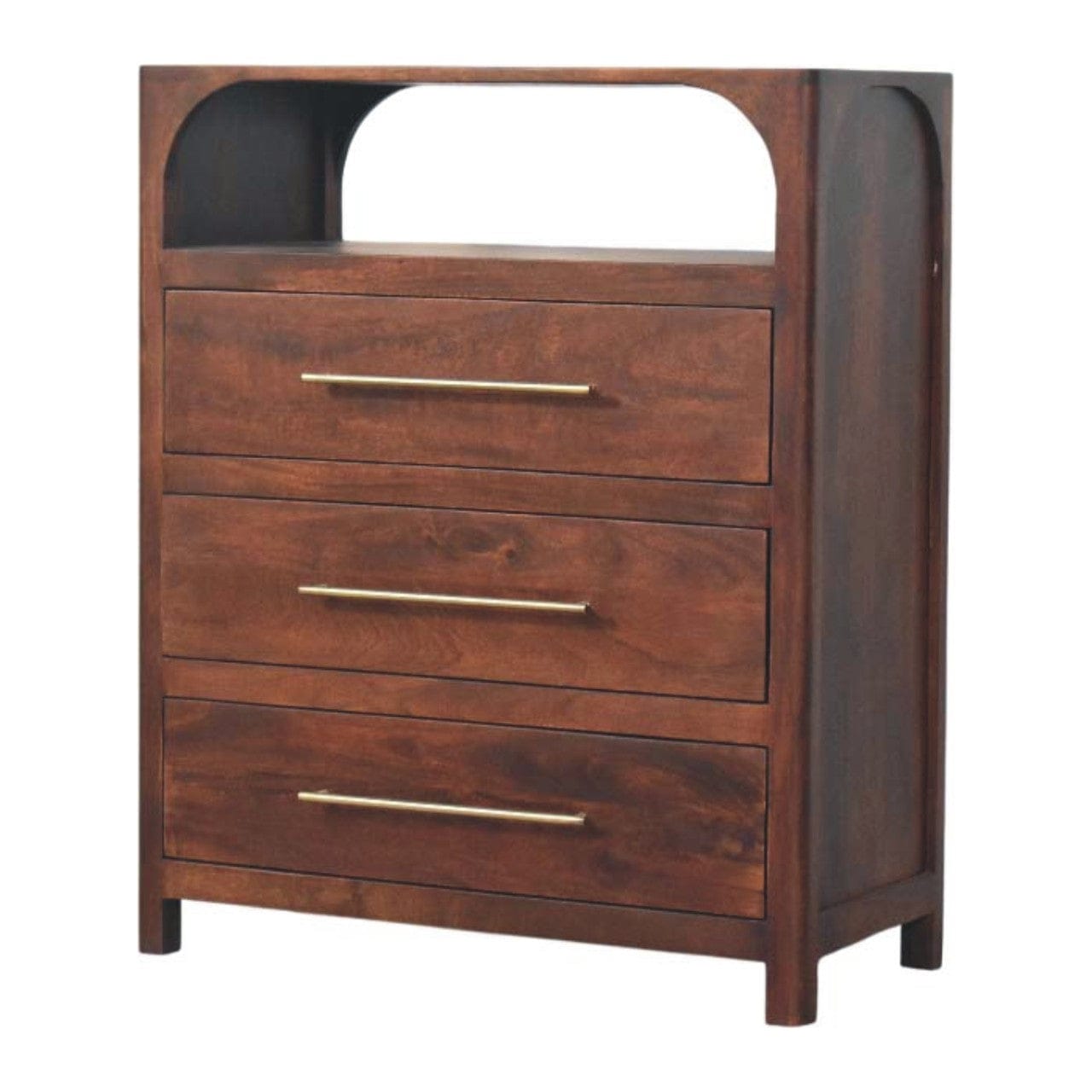 Functional Arched Edge 3 Drawer Dresser - Solid Mango Wood Storage Chest for Bedroom - product view 2 showing handcrafted...