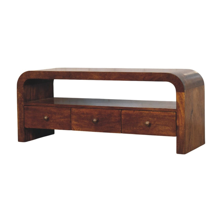 Functional Darcy 3 drawer Open Shelf Chestnut TV Stand - Solid Mango Wood Entertainment Center for Living Room - product...