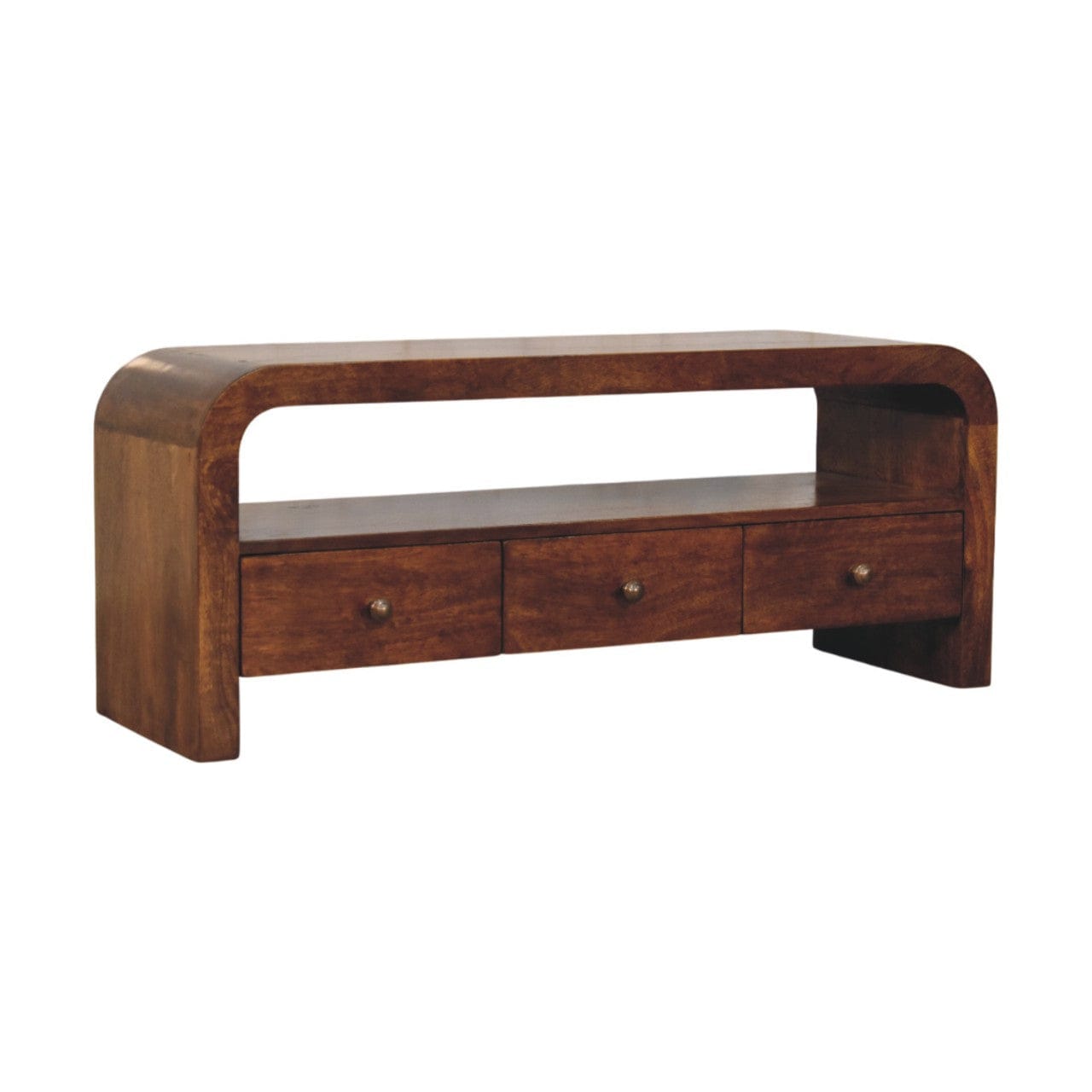 Functional Darcy 3 drawer Open Shelf Chestnut TV Stand - Solid Mango Wood Entertainment Center for Living Room - product...