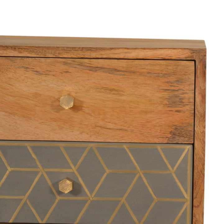 Functional Dice 3 Drawer Nightstand - Solid Mango Wood Bedside Table for Bedroom - product view 4 showing handcrafted...