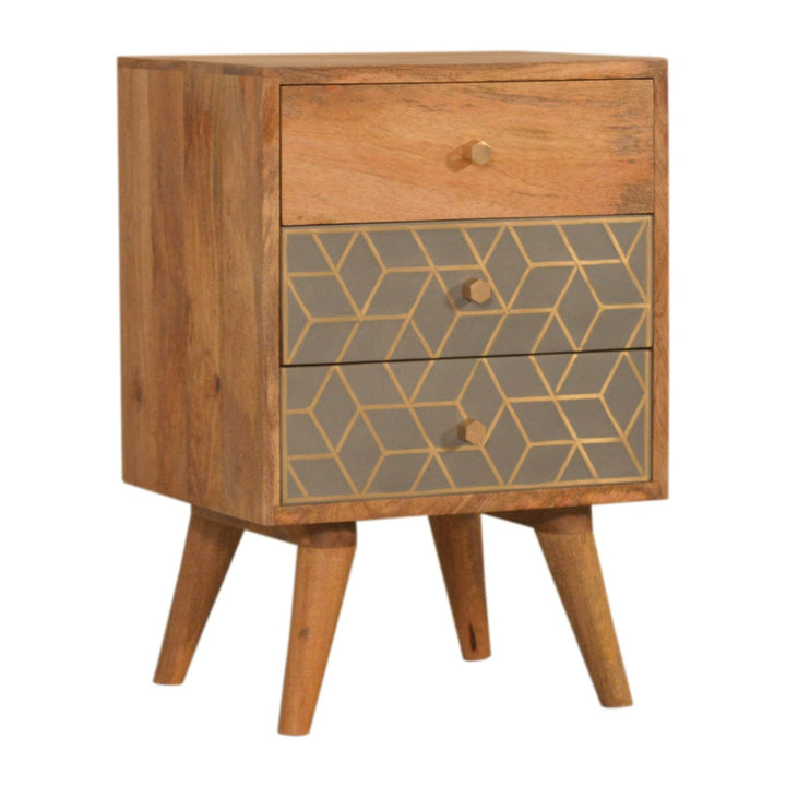 Functional Dice 3 Drawer Nightstand - Solid Mango Wood Bedside Table for Bedroom - product view 3 showing handcrafted...