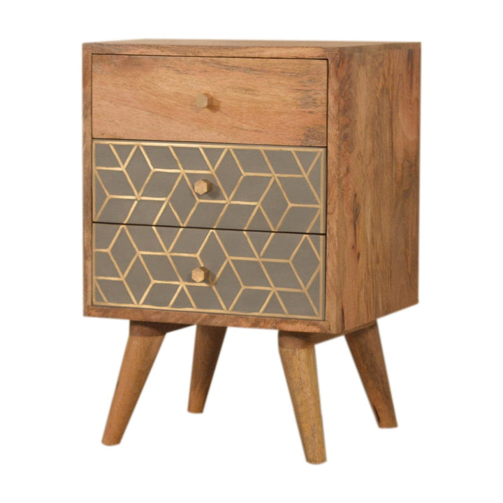 Functional Dice 3 Drawer Nightstand - Solid Mango Wood Bedside Table for Bedroom - product view 2 showing handcrafted...