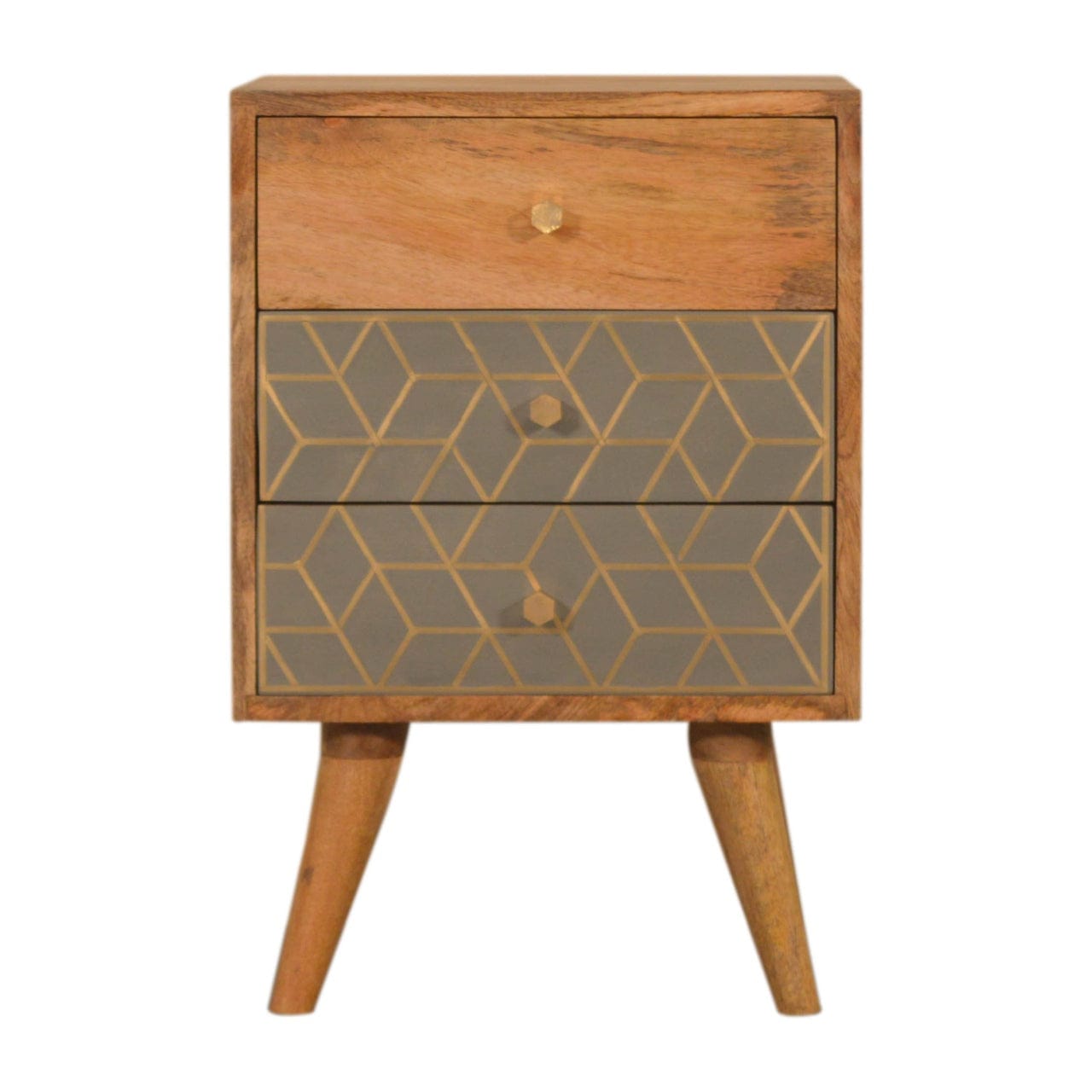 Functional Dice 3 Drawer Nightstand - Solid Mango Wood Bedside Table for Bedroom - main view showing handcrafted solid...