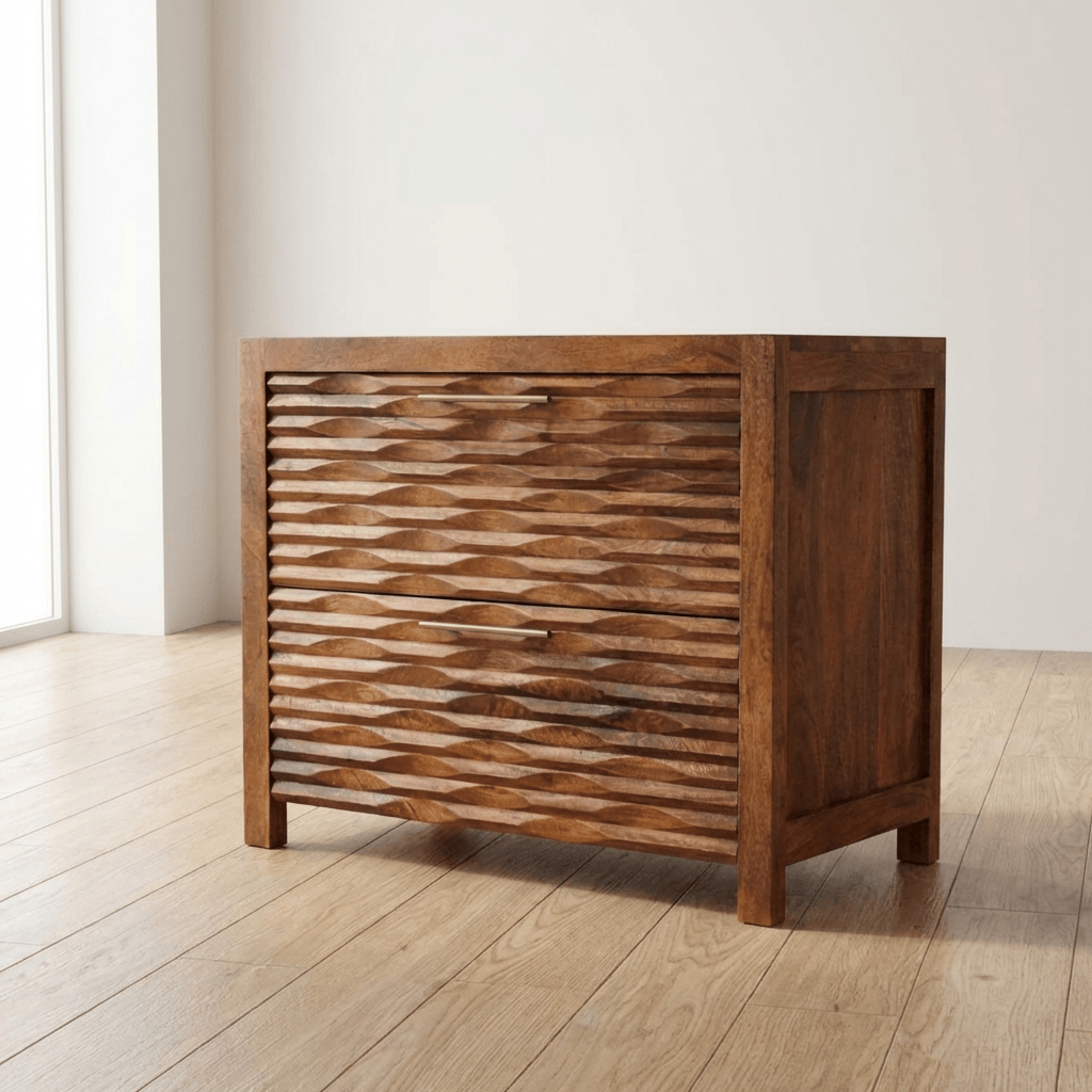 Amber Wavefront Shoe Storage Cabinet - Solid Mango Wood Entryway Shoe Organizer (Amber Oak) - main view showing...