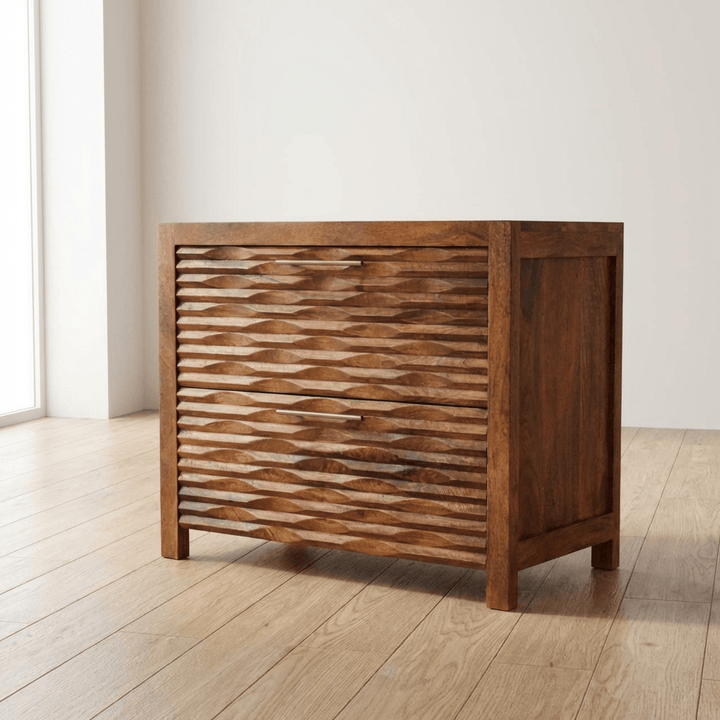 Amber Wavefront Shoe Storage Cabinet - Solid Mango Wood Entryway Shoe Organizer (Amber Oak) - main view showing...