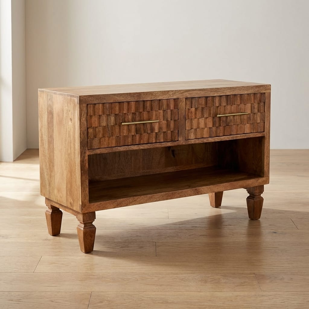 Arno Shoe Storage Unit in Golden Teak in Solid Mango Wood - main view showing handcrafted solid mango wood furniture