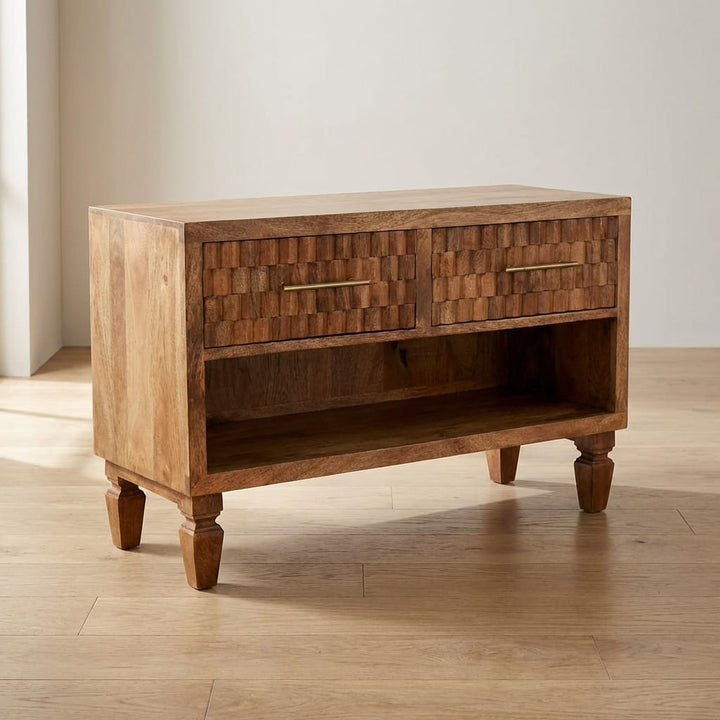 Arno Shoe Storage Unit in Golden Teak in Solid Mango Wood - main view showing handcrafted solid mango wood furniture